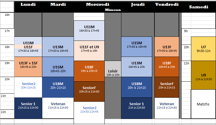 Creneau entrainement planning